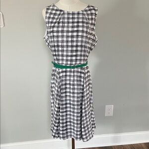 Checked Sleeveless Fit-and-Flare Dress in Black and White